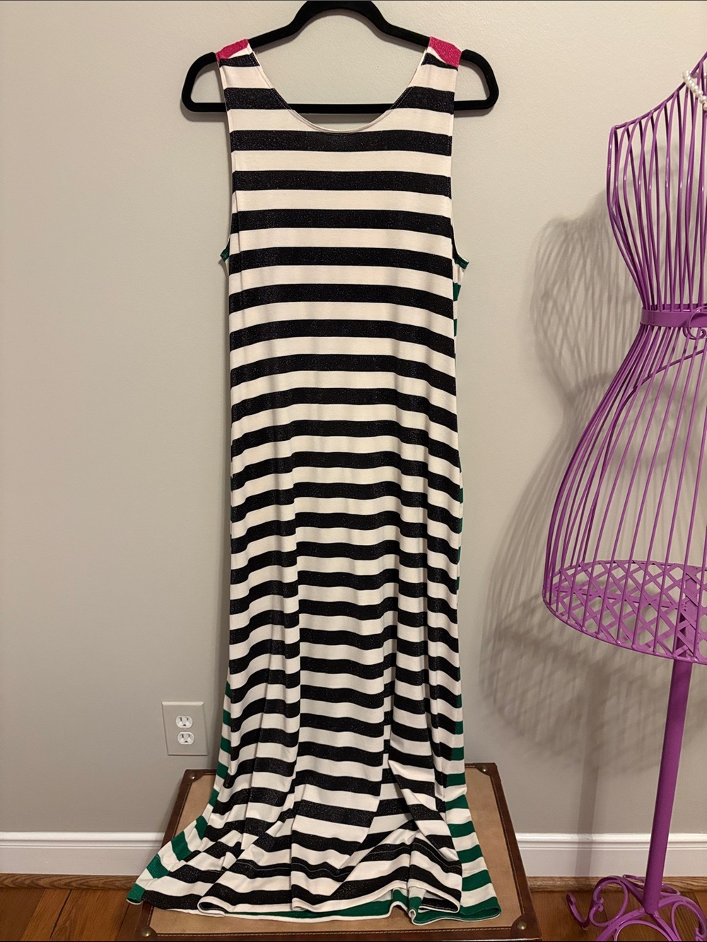 Vilagallo Black and White Striped Maxi Dress with Pink and Green on Back
